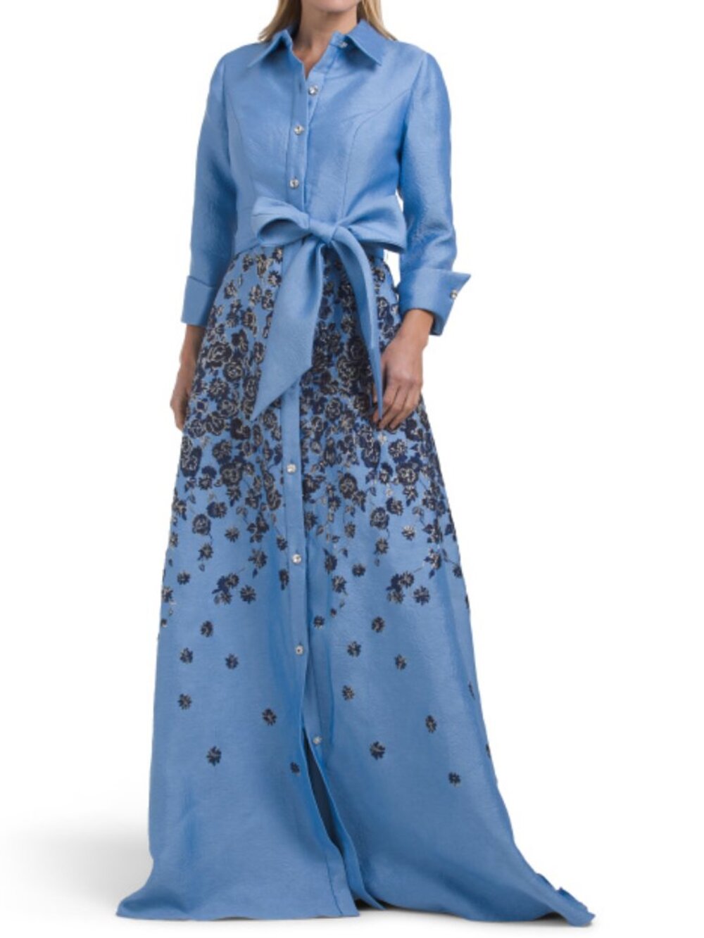 TERANI COUTURE Long Sleeve Jacquard Shirt Gown